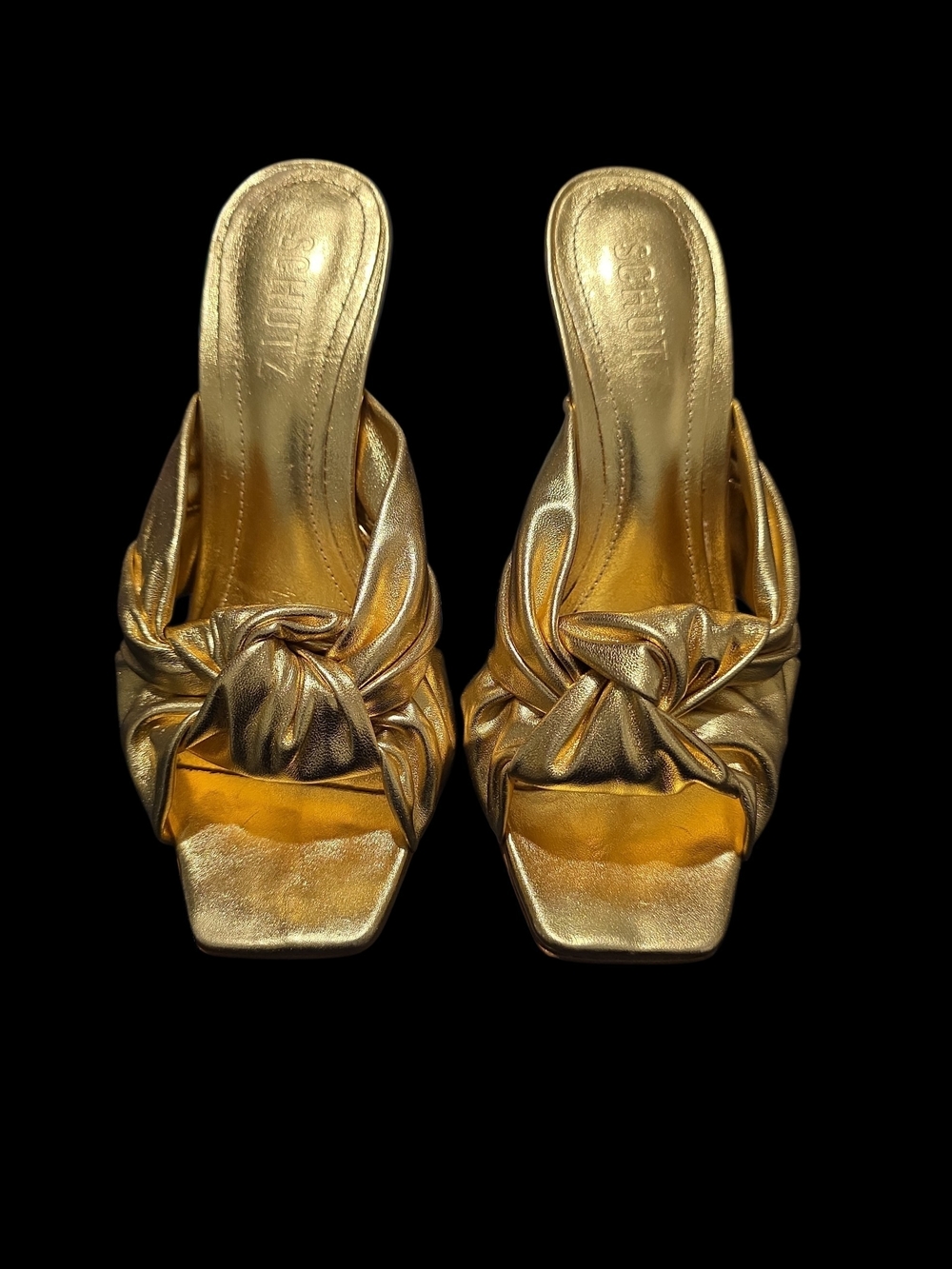 SCHUTZ Mindy Metallic Gold Knot Mules 6.5B Designer Heels